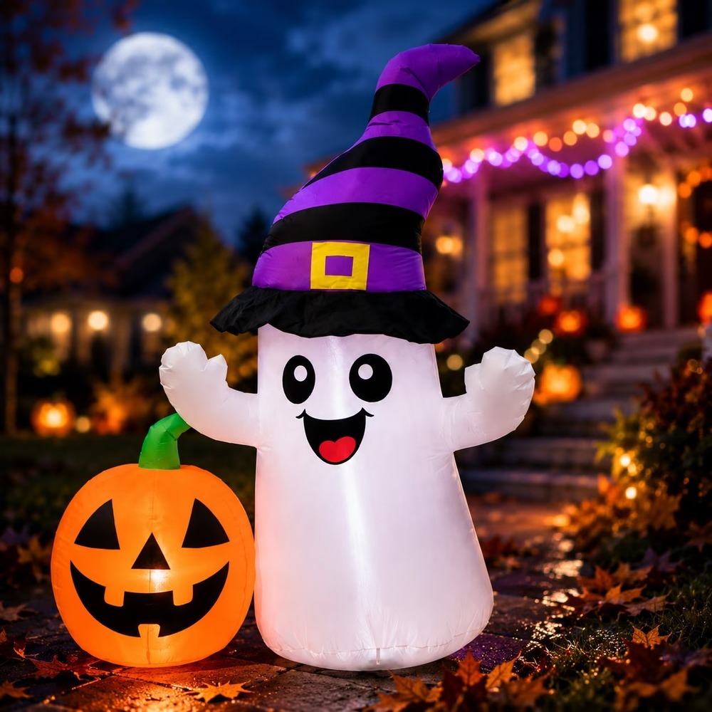 5.5FT Halloween Inflatable Ghost w/ Pumpkin & Witch Hat LED Yard Decoration NEW - Picture 2 of 9